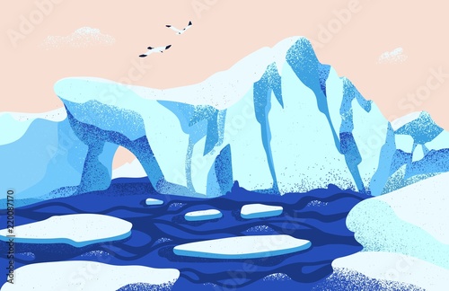 Spectacular Arctic or Antarctic scenery. Beautiful landscape with large icebergs floating in ocean and seagulls. Gorgeous northern nature. Colored vector illustration in modern flat cartoon style
