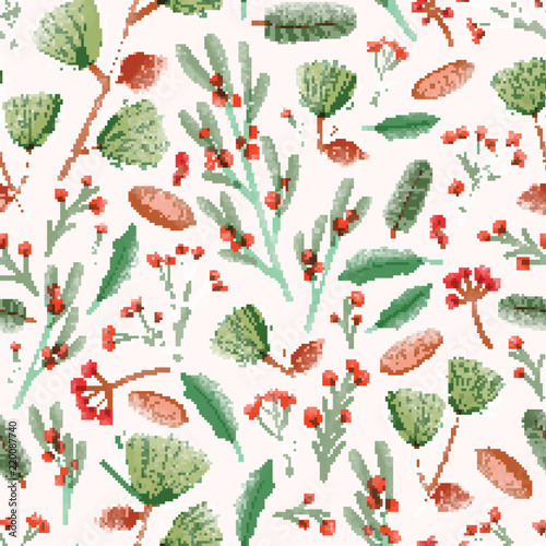 Holiday seamless pattern with holly leaves, mistletoe, pine cones, needles an...