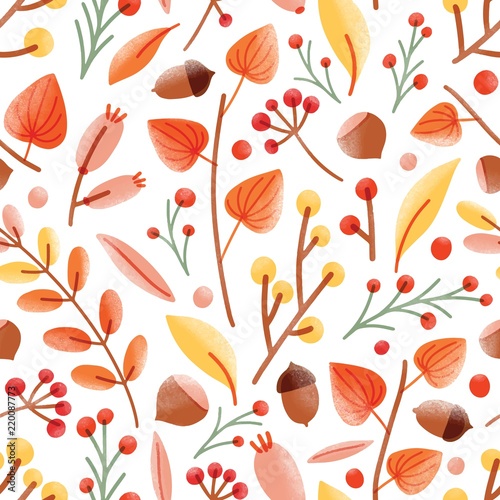 Autumn seamless pattern with acorns  nuts  cape gooseberries  viburnum berries on white background. Seasonal vector illustration in modern flat style for wrapping paper  wallpaper  fabric print.
