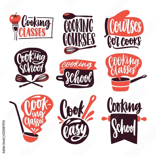 Collection of lettering written with cursive font and decorated with cookware, kitchen utensils isolated on white background. Bundle of cooking classes or school logos. Colored vector illustration.