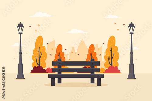Autumn City Park with Wooden Bench, Colorful Trees and City Buildings in the Background. Flat Design Style.