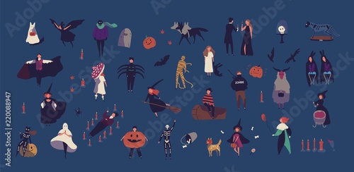 Crowd of tiny people dressed in various Halloween costumes isolated on dark background. Male and female cartoon characters at party or masquerade ball. Colorful vector illustration in flat style.