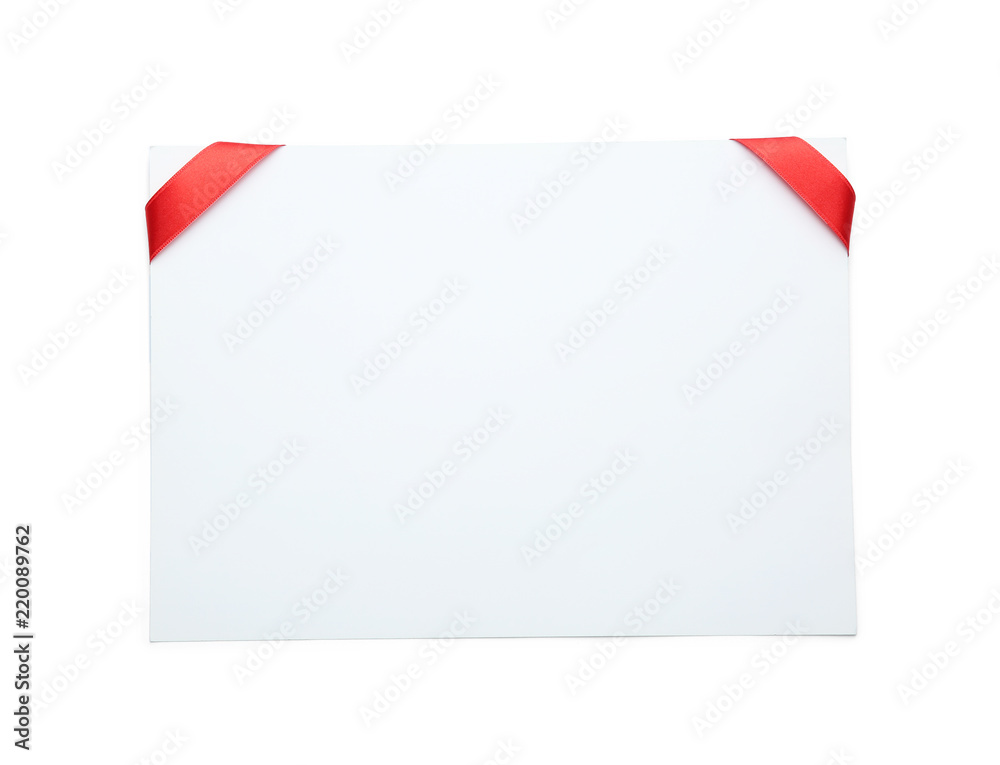 Blank paper card with red ribbons on white background Blank paper card with red ribbons on white background