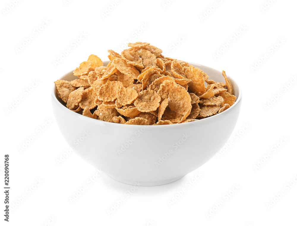 Bowl with healthy cornflakes on white background Bowl with healthy cornflakes on white background