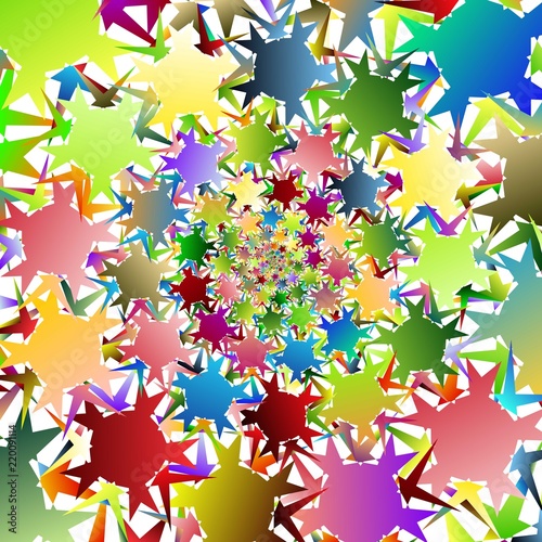 Isolated multicolored spirals of stellar hexagons on white square background. Festive background