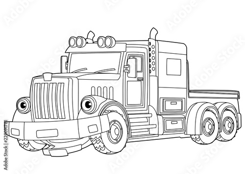 cartoon scene with vector tow truck on white background - with coloring page - illustration for children