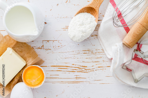 Ingredients for baking - milk  butter  eggs  flour  wheat