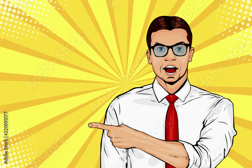 Man with shocked facial expression. Surprised male showing by finger. Vector illustration in pop art in retro comic style 