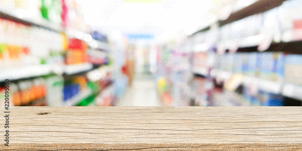 blur supermarket shelf corridor with wood plank perspective for promote product or advertisement conceet