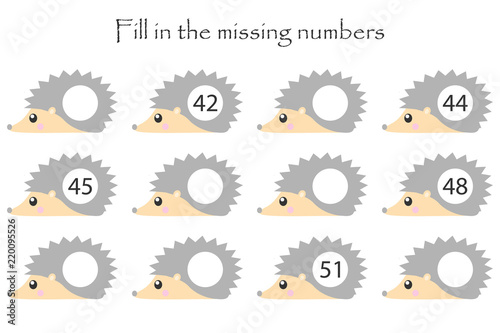 Game with hedgehogs for children, fill in the missing numbers, middle level, education game for kids, school worksheet activity, task for the development of logical thinking, vector illustration