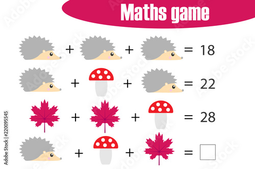 Maths game with pictures (autumn theme) for children, middle level, education game for kids, preschool worksheet activity, task for the development of logical thinking, vector illustration