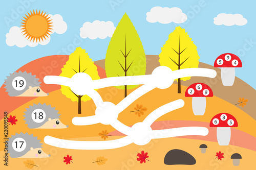 Maths game for children  lead hedgehogs through labyrinth to correct amanitas  education maze game for kids  school worksheet activity  task for development of logical thinking  vector illustration