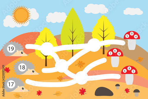 Maths game for children, lead hedgehogs through labyrinth to correct amanitas, education maze game for kids, school worksheet activity, task for development of logical thinking, vector illustration