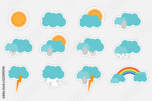 Different colorful pictures of weather for children, fun education game for kids, preschool activity, set of stickers, vector illustration