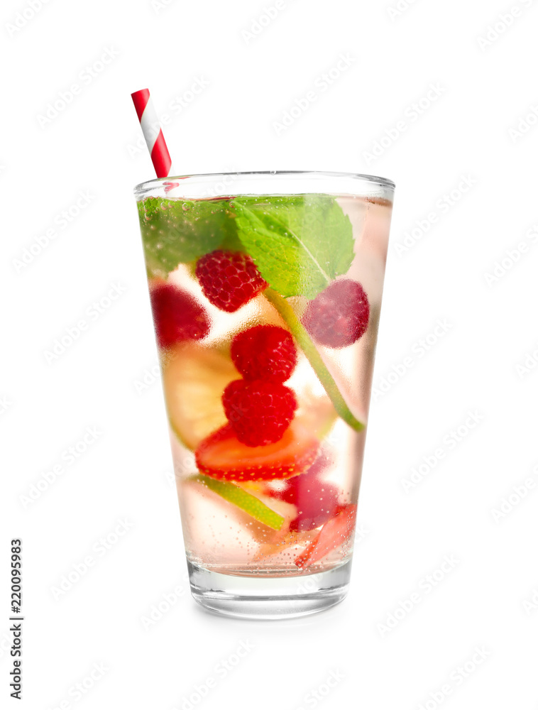 Glass of fresh raspberry cocktail on white background