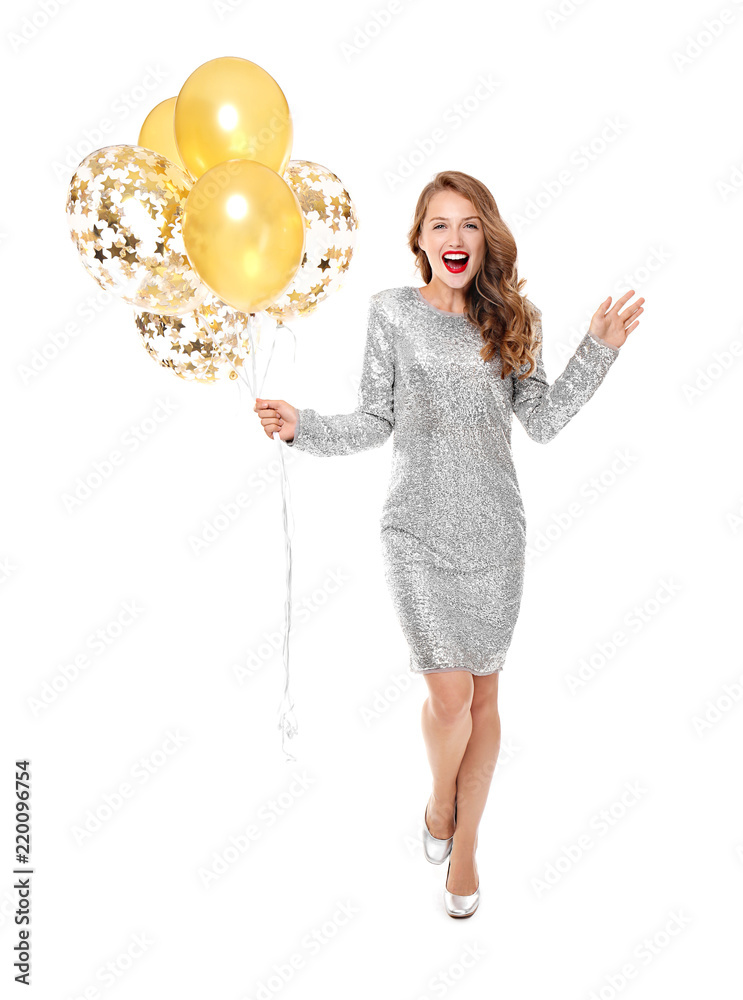 Excited young woman with balloons on white background Excited young woman with balloons on white background