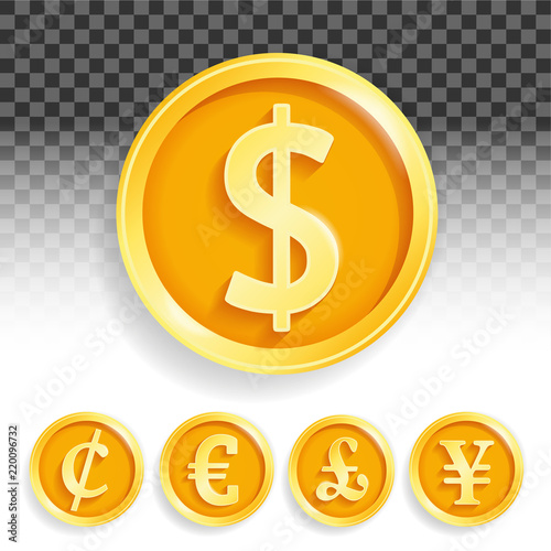 Set of gold coins currencies euro pound dollar cent Yuan