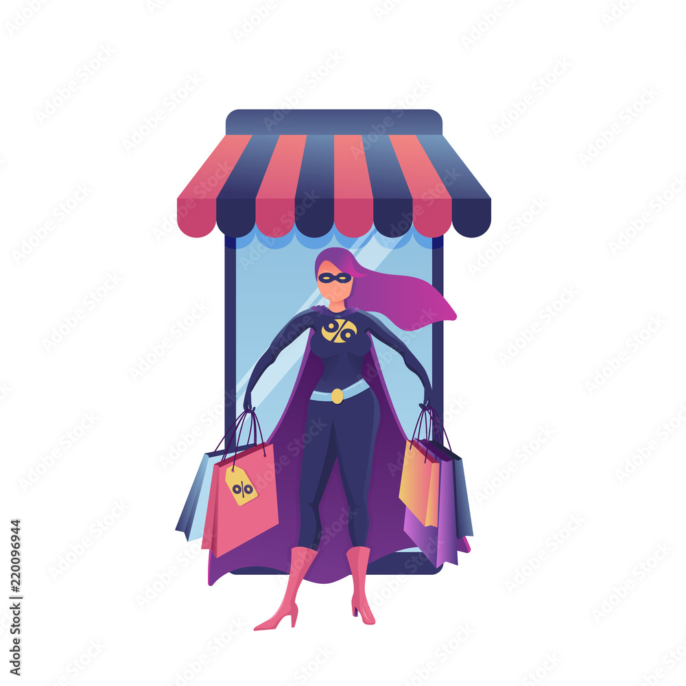 Beautiful young women in fashionable clothes on purchases. Colorful flat style vector illustration on white background.