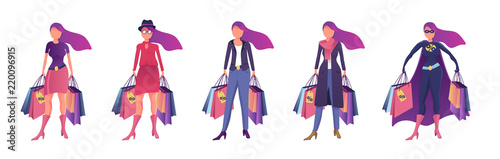 Beautiful young women in fashionable clothes on purchases. Colorful flat style vector illustration on white background.