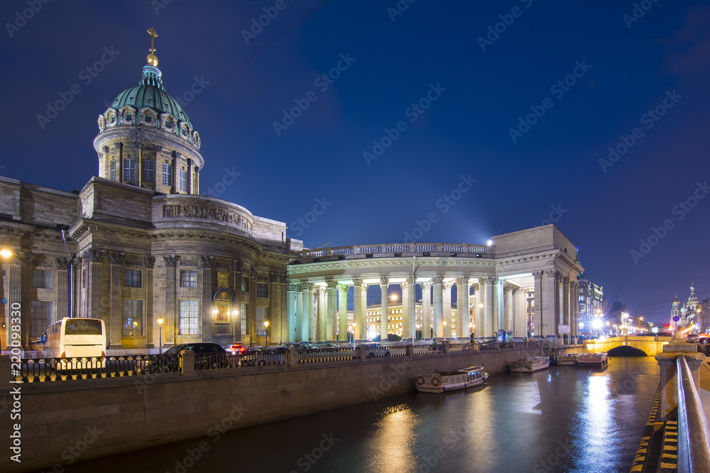 Kazan cathedral on Griboedov canal at night, Saint Petersburg, Russia