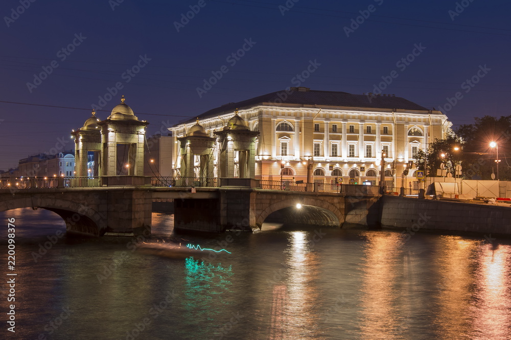 Lomonosov bridge over Fontanka river at night, Saint Peterburg, Russia