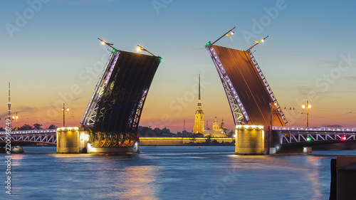 Drawn Palace Bridge and Peter and Paul Fortress at white night, Saint Petersburg, Russia