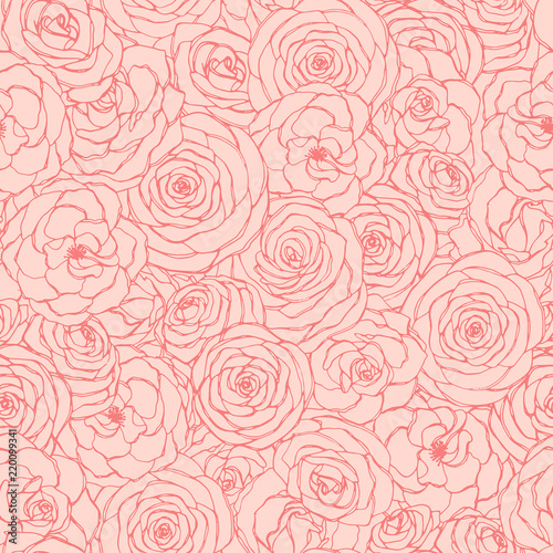 Vector seamless pattern with rose flowers outline on the pink background. Hand drawn floral repeat ornament of blossoms in sketch style. Usable for wrapping paper, covers, textile, etc.