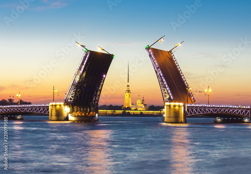 Drawn Palace Bridge and Peter and Paul Fortress at white night, Saint Petersburg, Russia