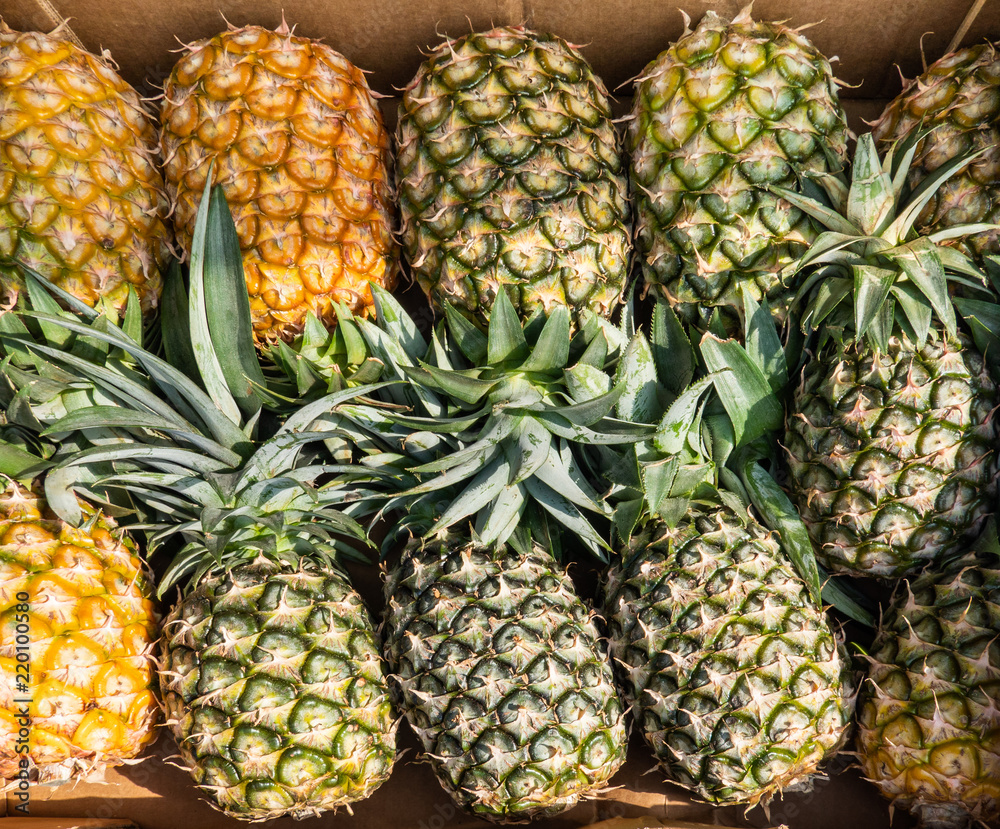 Green and Yellow Pineapples in a Box