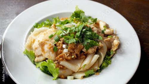 Fried Noodles with Chicken. Stir fried Chicken Noodles and egg. Thai food.