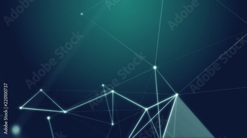 Abstract geometrical background. Plexus of abstract lines, triangles and glowing dots. Changes focus distance. CG animation for visuals, video blogging, light presentations or as motion background photo