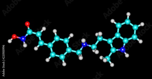 Molecular structure of Panobinostat isolated on black photo