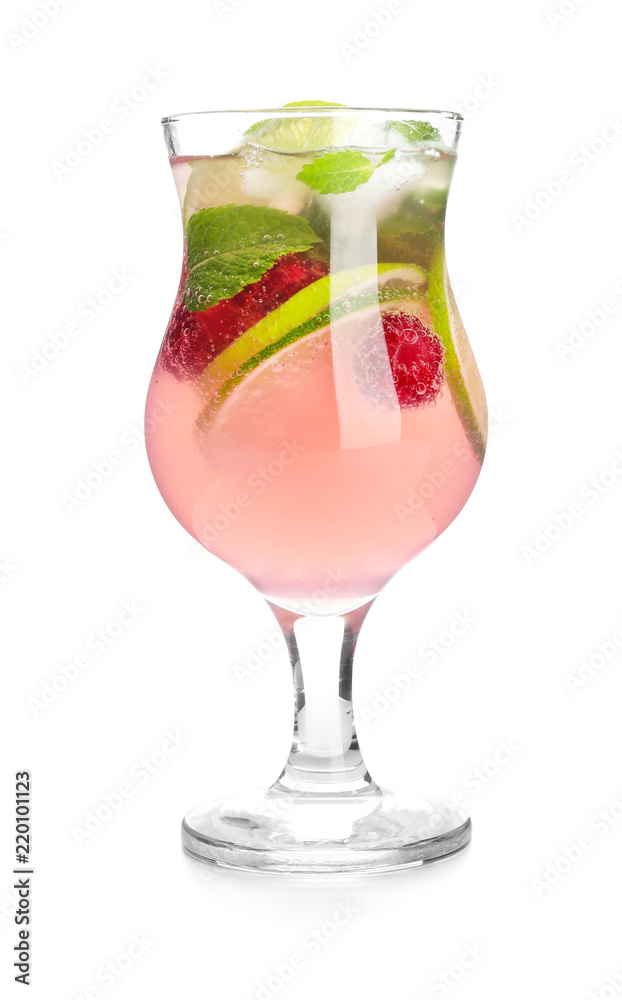 Glass of fresh raspberry mojito on white background Glass of fresh raspberry mojito on white background