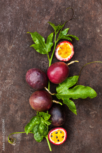 Passion fruits with leaves. Passiflora edulis photo