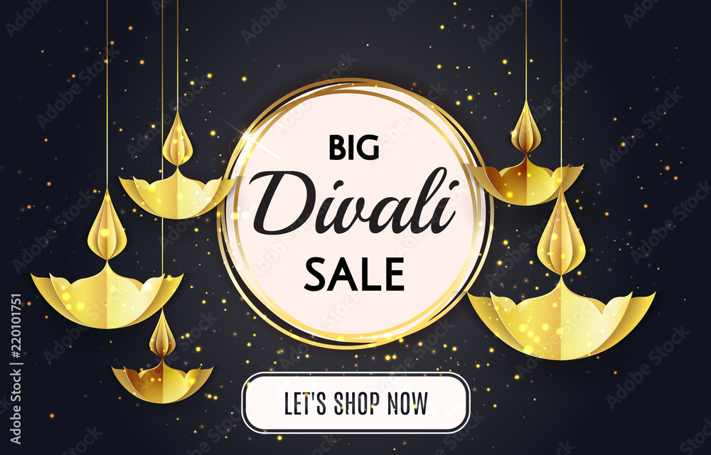 Big Diwali festival sale template banner offer design isolated in black  background with golden paper origami oil lamps candles. Luxury, Vip gold  Happy Diwali traditional Indian festival greeting card Stock Vector |