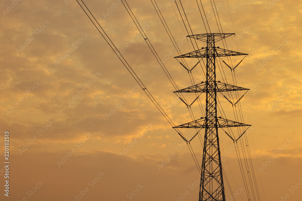 High voltage electric power transmission line in evening time 