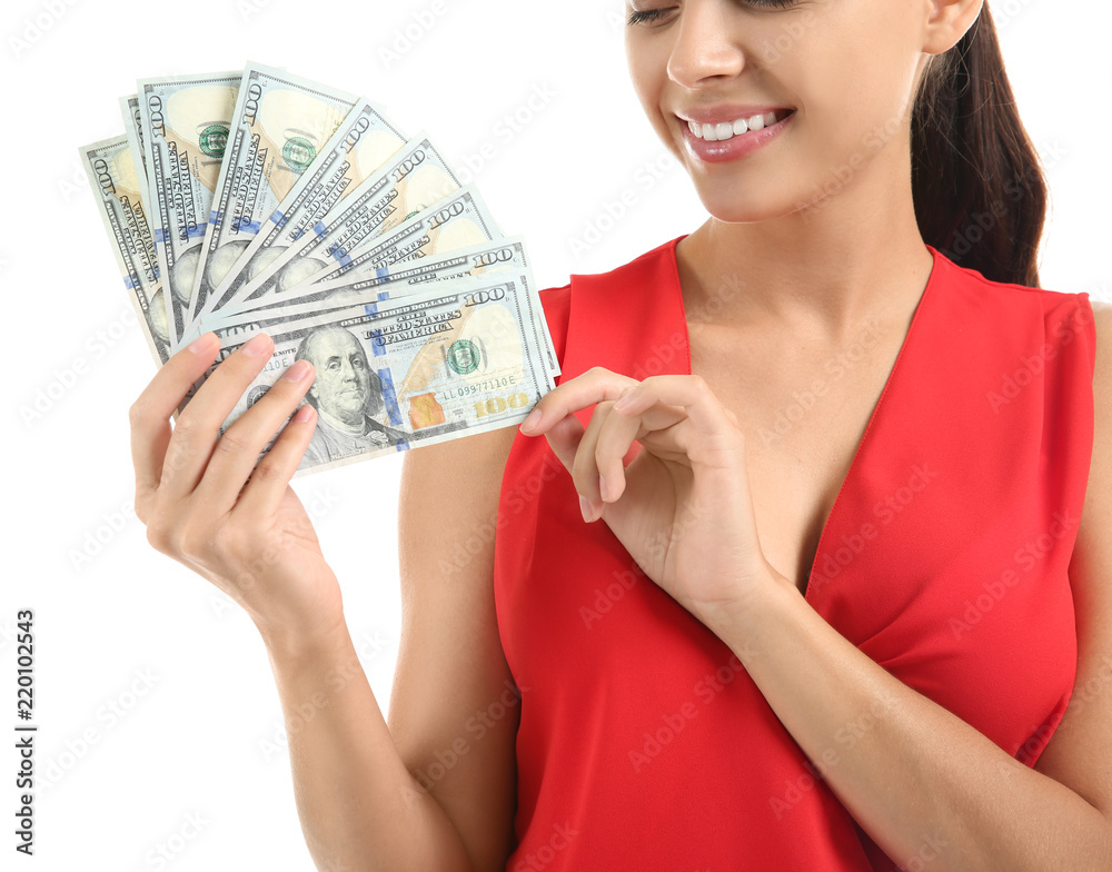 Happy young woman with dollar banknotes on white background Happy young woman with dollar banknotes on white background