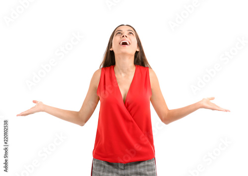 Happy young woman on white ...
