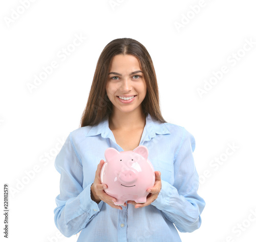 Happy young woman with pigg...