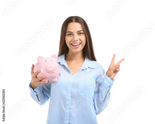 Happy young woman with pigg...