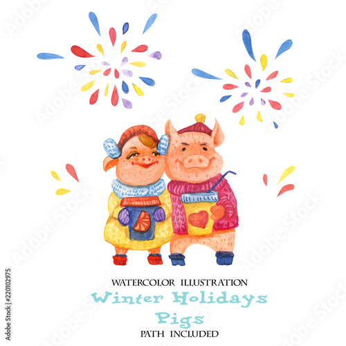 Watercolor illustration of winter fun pigs. A pair of enamored pig watches a salute