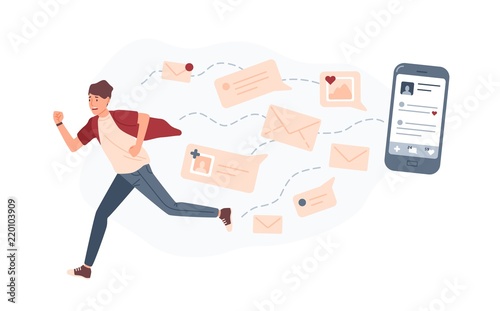 Young man running away from giant smartphone and text messages or e-mails pursuing him. Concept of person overwhelmed by internet notifications. Colorful vector illustration in flat cartoon style.