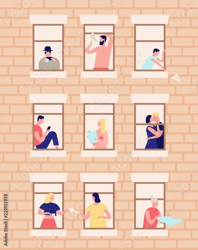 Neighbors and neighborhood. Exterior of building with opened windows and people living inside. Men and women drinking tea, reading, kissing in their apartments. Flat cartoon vector illustration.