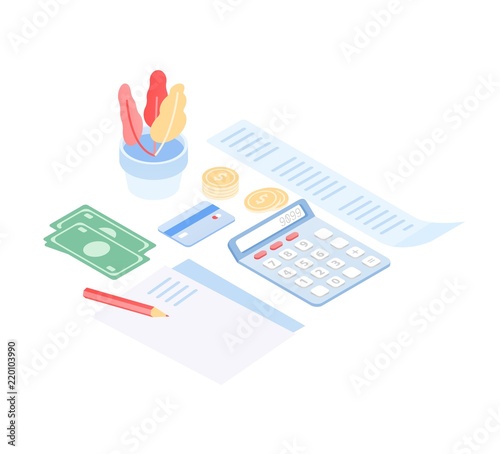 Paper document, money banknotes and coins, receipt, calculator, credit card and pencil isolated on white background. Home financial control and planning. Modern colorful isometric vector illustration.