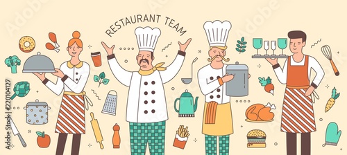 Colorful horizontal banner with chief, cook, waiter and waitress surrounded by food products and kitchen utensils. Restaurant team, personnel or staff. Modern vector illustration in line art style.