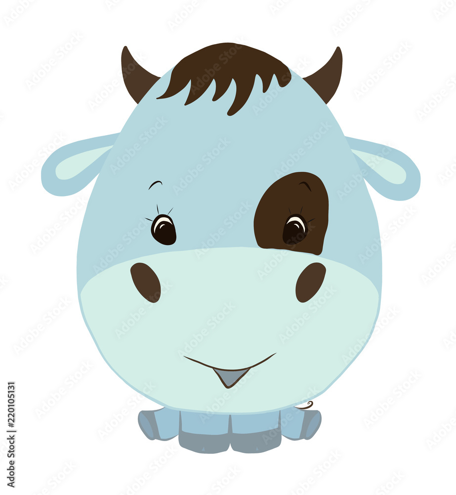 Naklejka premium Cute blue bull, sitting baby, funny animal