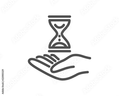 Time hourglass in hand line icon. Sand watch sign. Quality design element. Classic style. Editable stroke. Vector