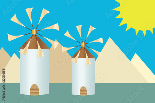greek island windmills vector - nature mountains background - traditional greek windmills