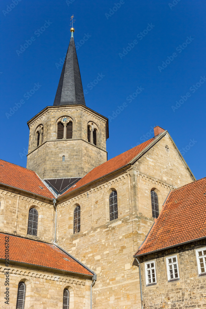 Clock tower of the St. Godehard church in Hildesheim, Germany