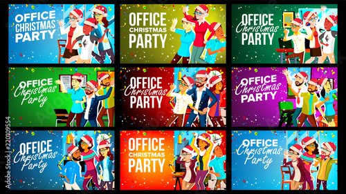 Office Christmas Party Banner Set Vector. Celebrating. Merry Christmas And Happy New Year. Having Fun. Mixed Race. Santa Hats. Friends In Office. Businesspeople Team Having Fun. Cartoon Illustration